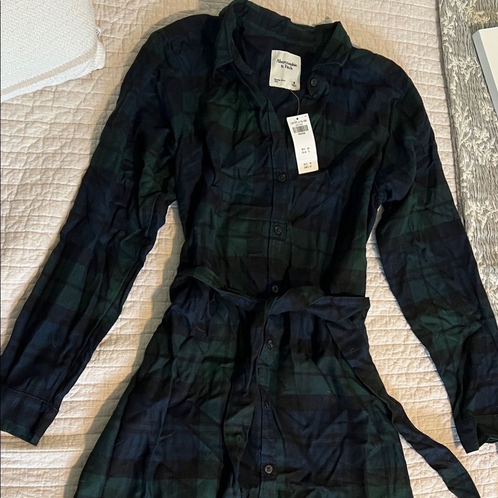 Abercrombie & Fitch Plaid Long Sleeve Dress - Black and Green